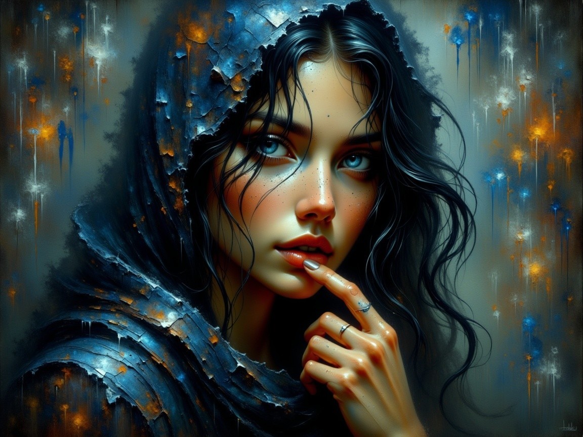 Portrait of a woman in a dark hood with blue eyes