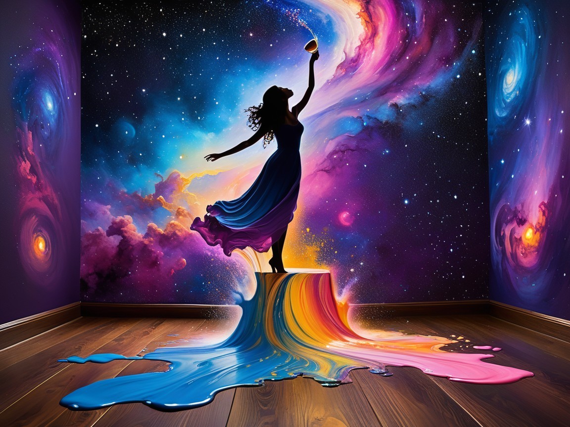 Cosmic-Themed Room with Artistic Silhouette and Colors