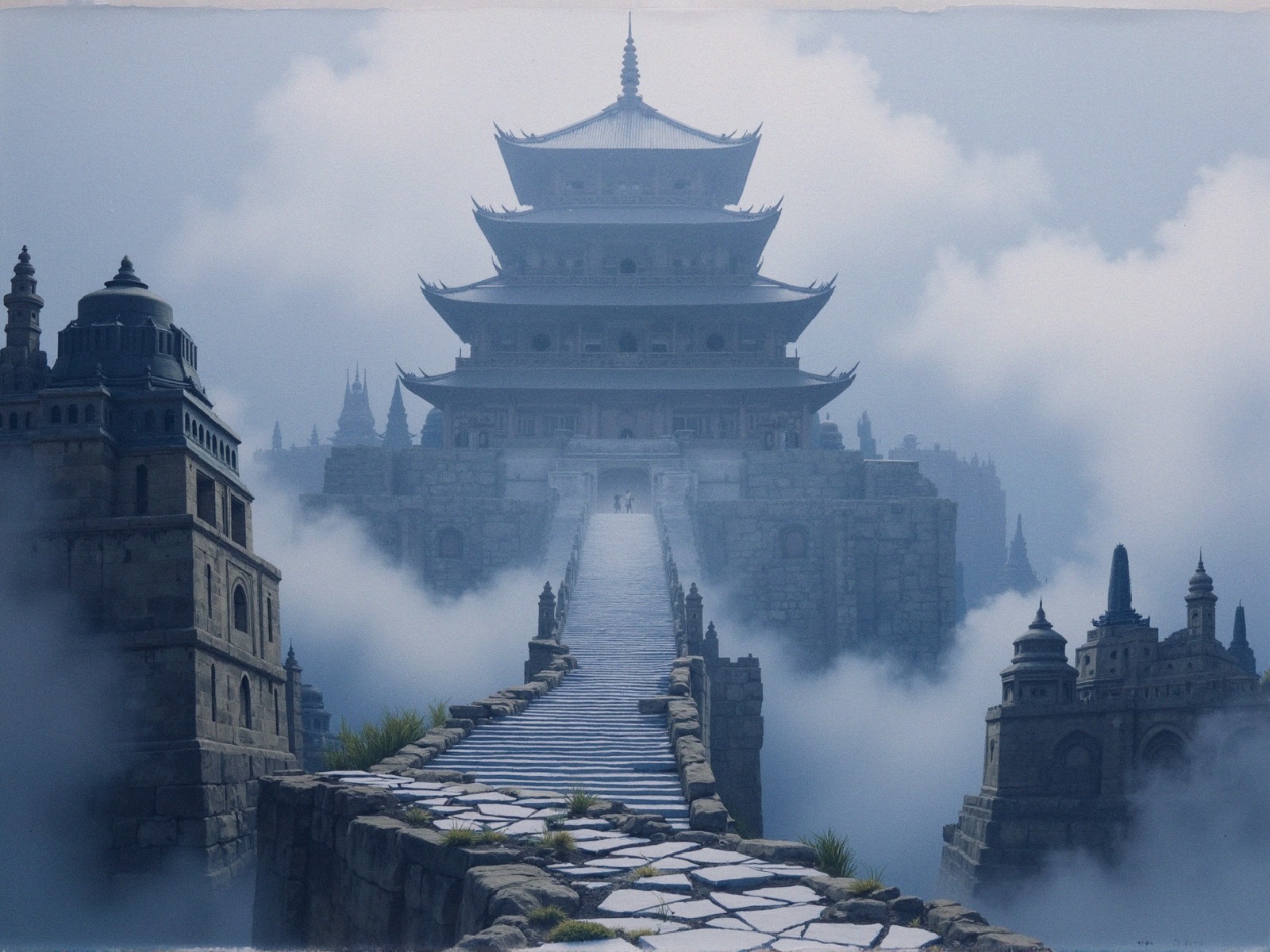 Ancient Temple Surrounded by Foggy Landscape