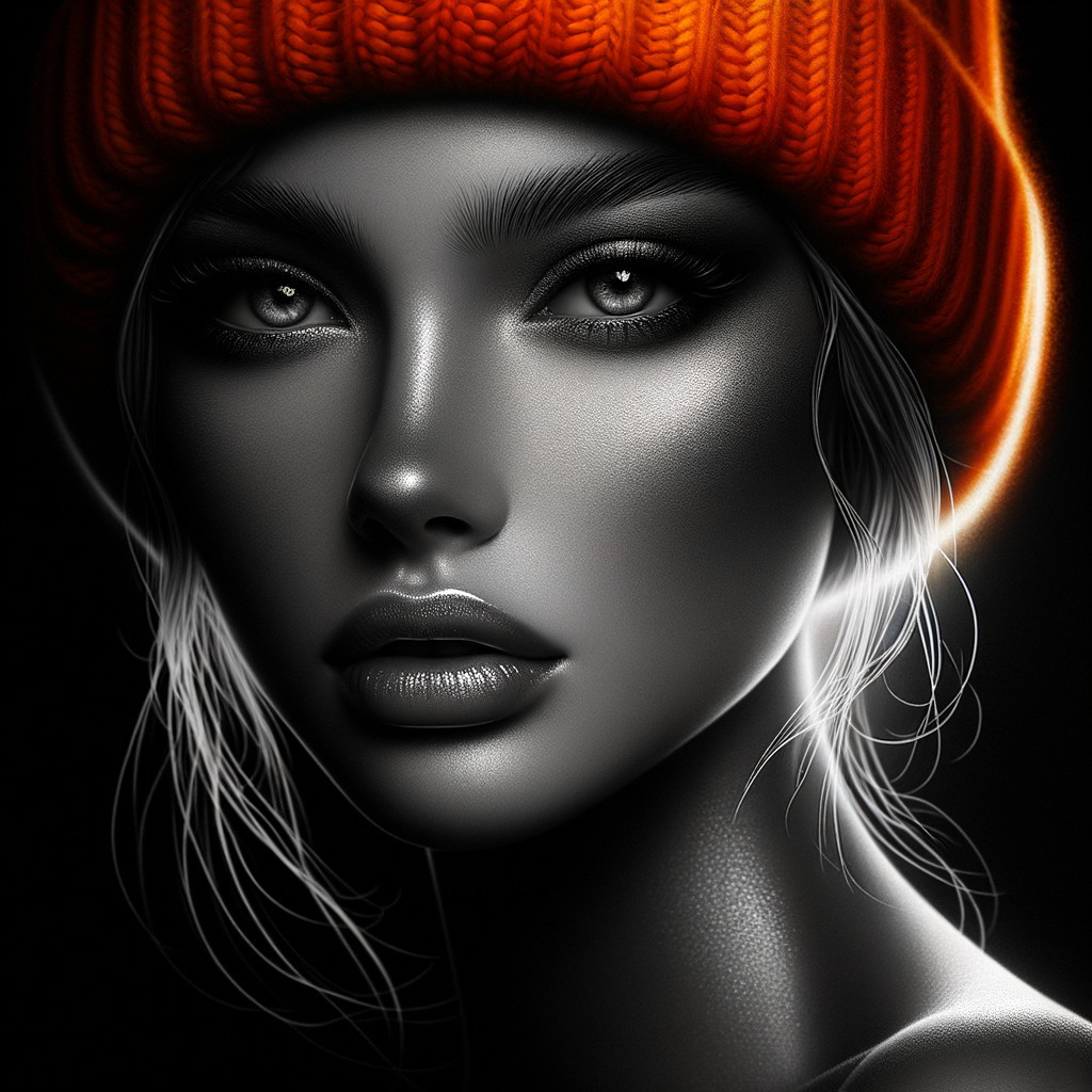 Black-and-white portrait of a female figure with beanie