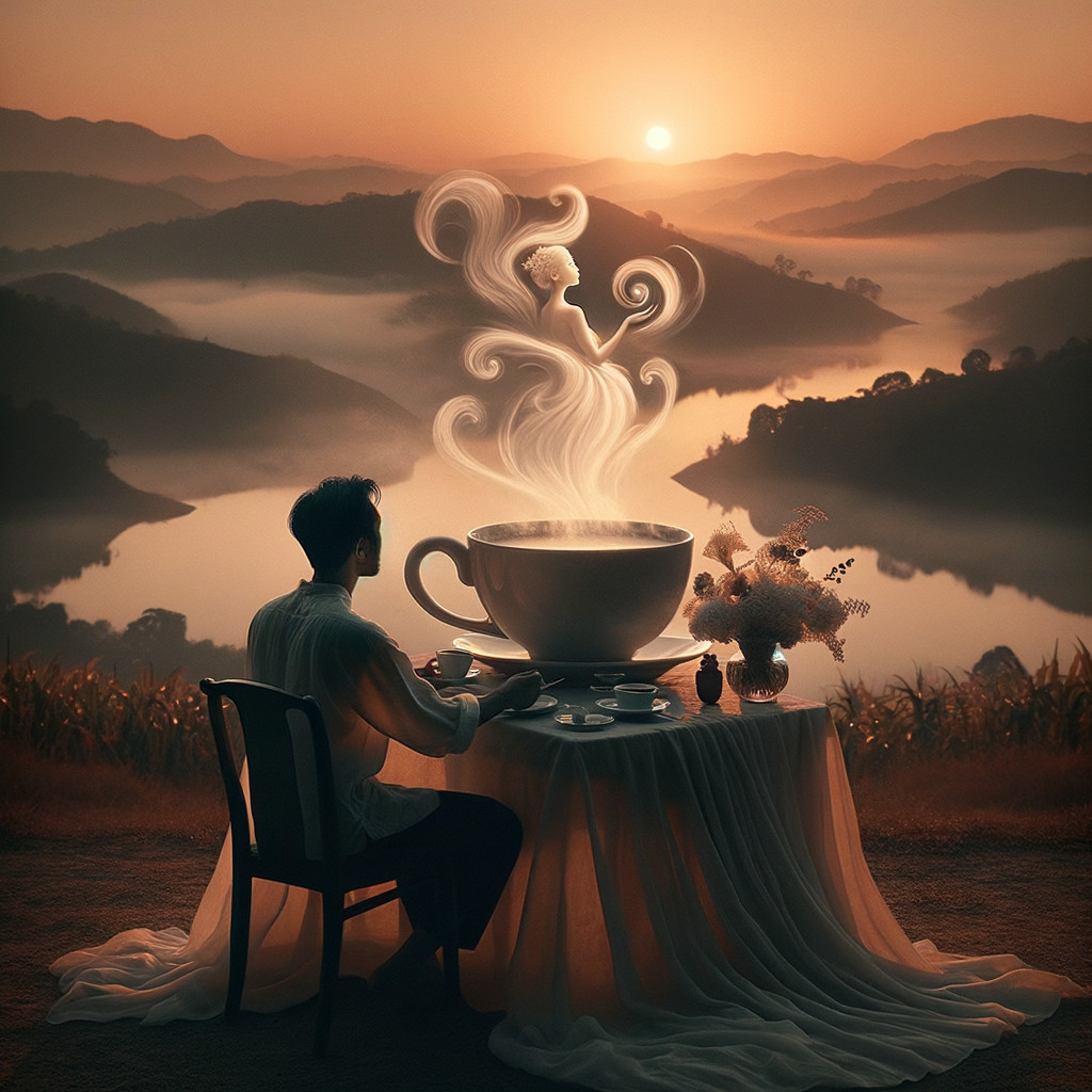 Sunrise Scene with Tea and Misty Mountains