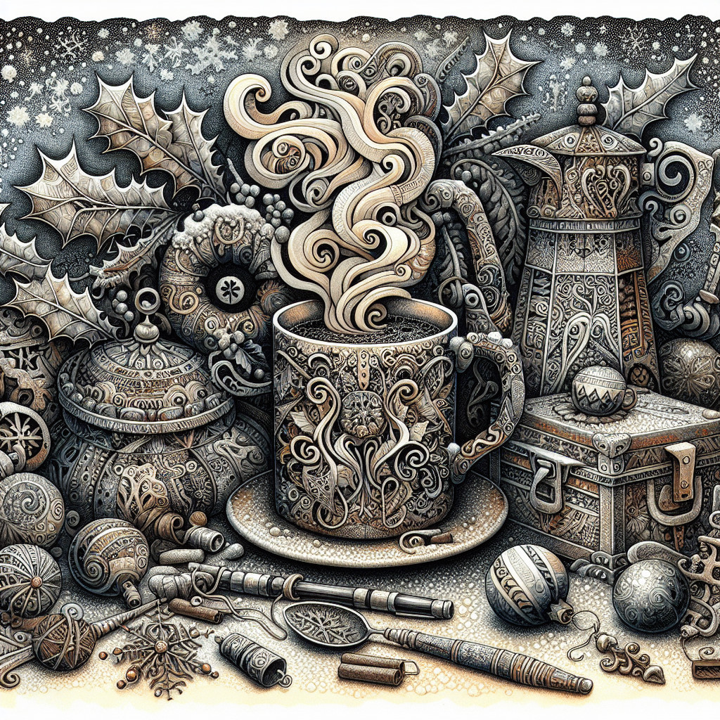 Steaming Cup Surrounded by Festive Winter Elements