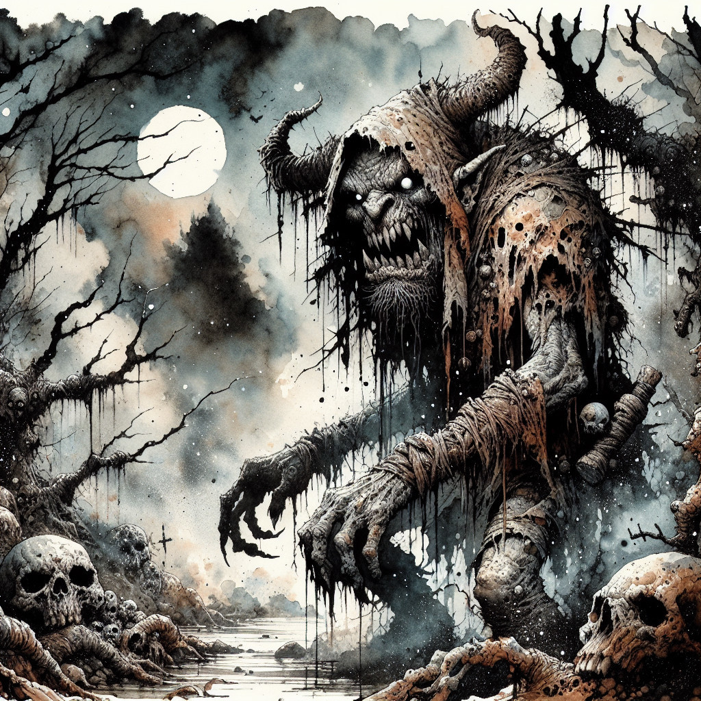Grotesque Horned Creature in Eerie Landscape