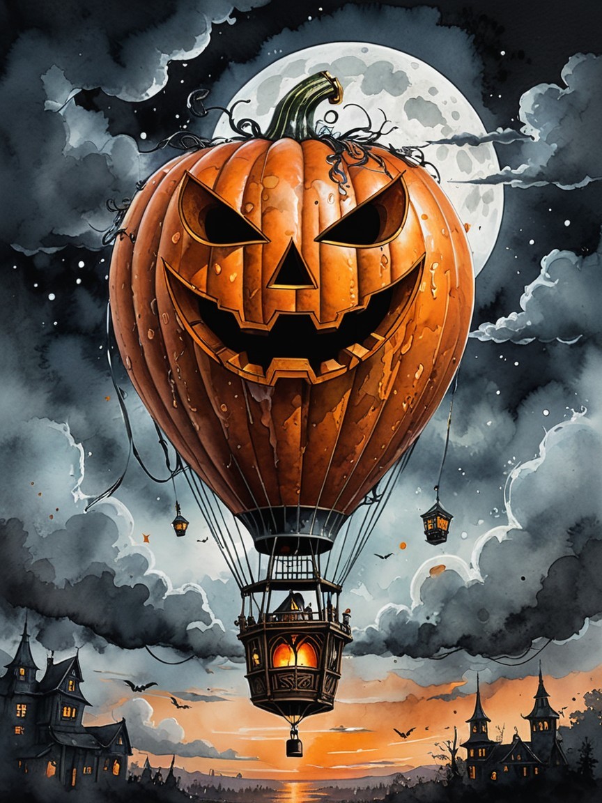 Whimsical Pumpkin Hot Air Balloon in Moonlit Sky