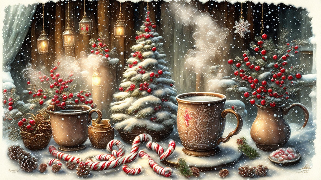 Cozy Winter Scene with Christmas Tree and Snowfall