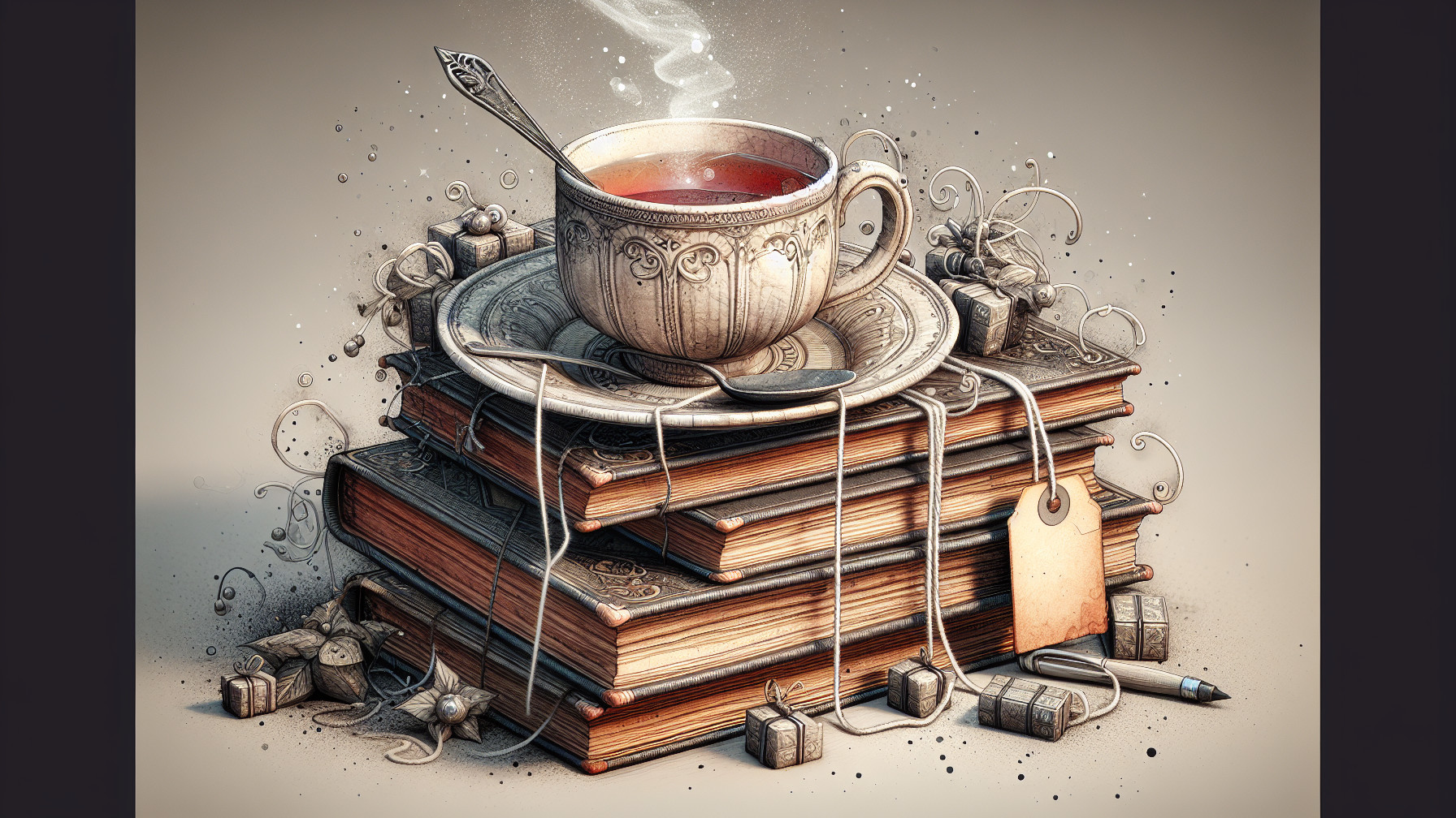 Ornate Tea Cup on Vintage Books with Cozy Elements