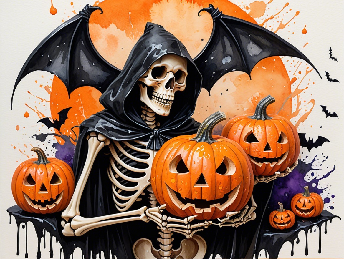 Whimsical Halloween Scene with Skeleton and Pumpkins