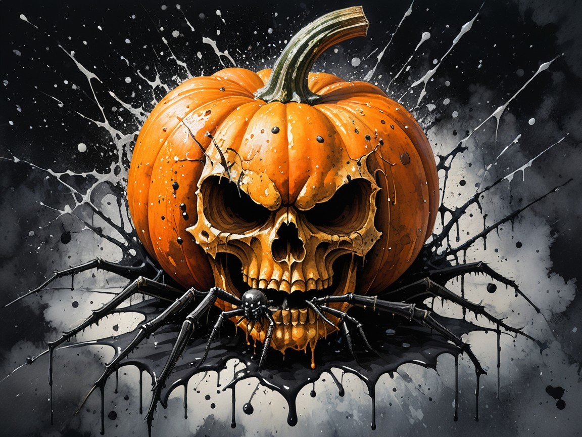 Halloween Illustration of Pumpkin and Skull Design