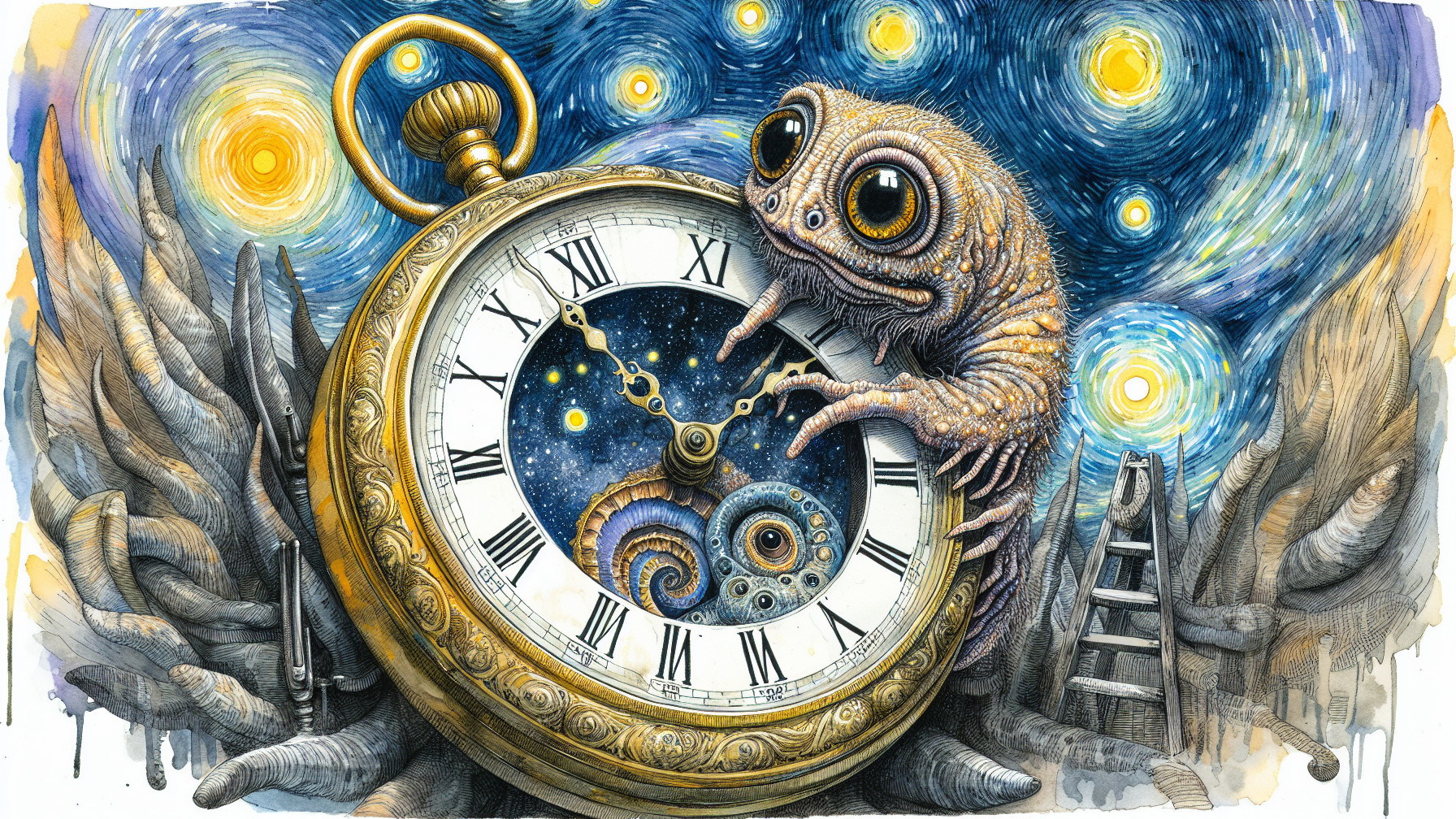 Watercolor Painting of a Grotesque Reptilian Creature