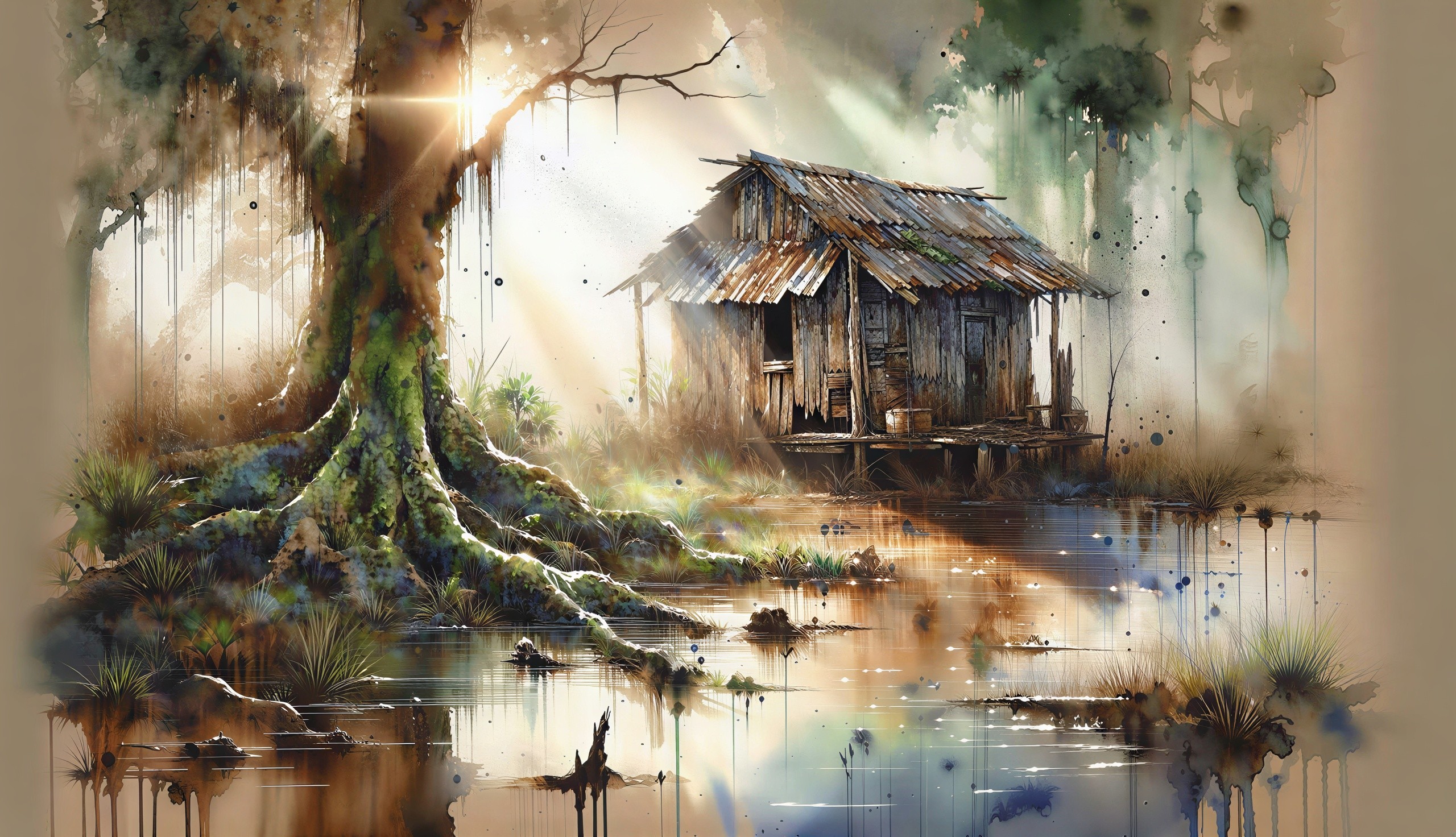 Watercolor of a Weathered Shack in a Vibrant Bayou