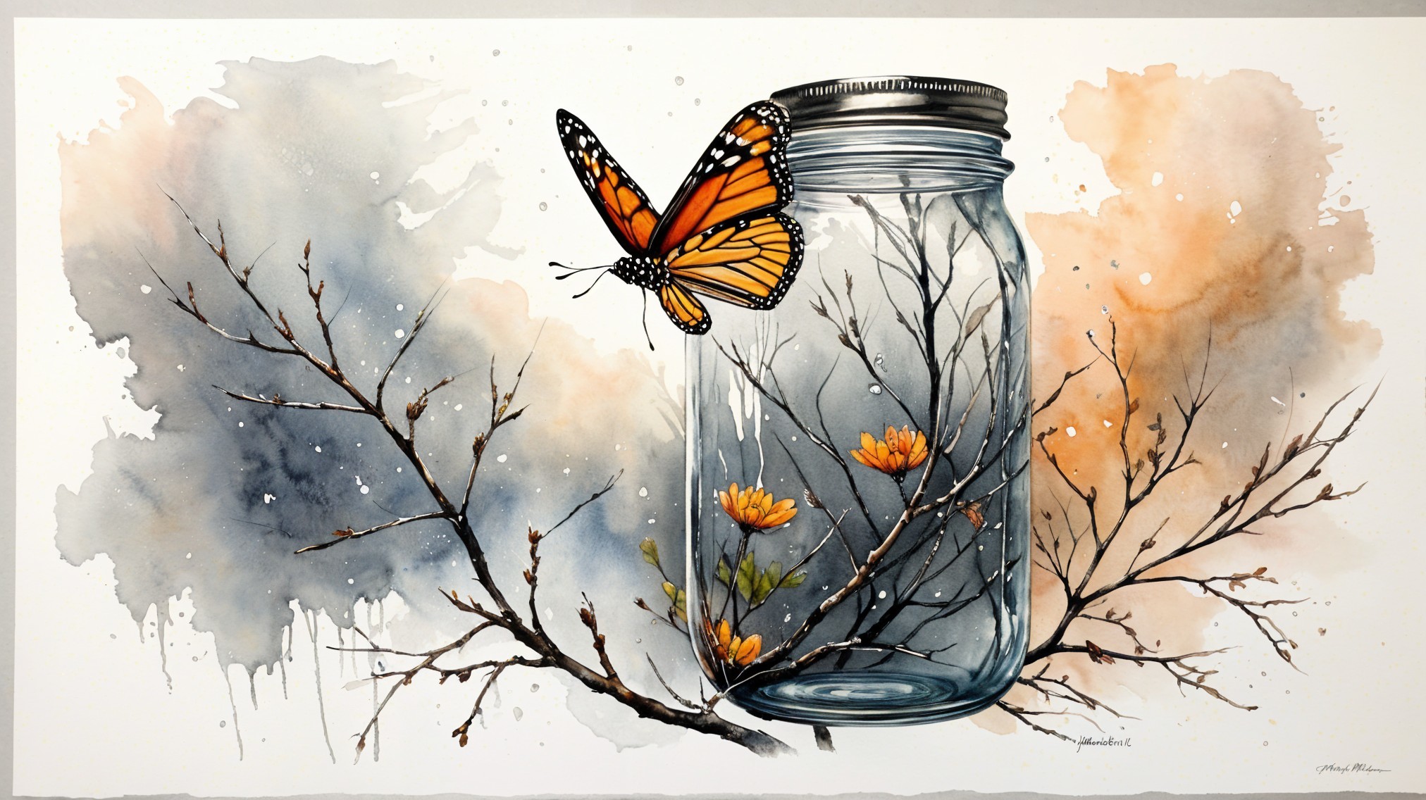 Watercolor Scene of Jar, Branches, and Butterfly