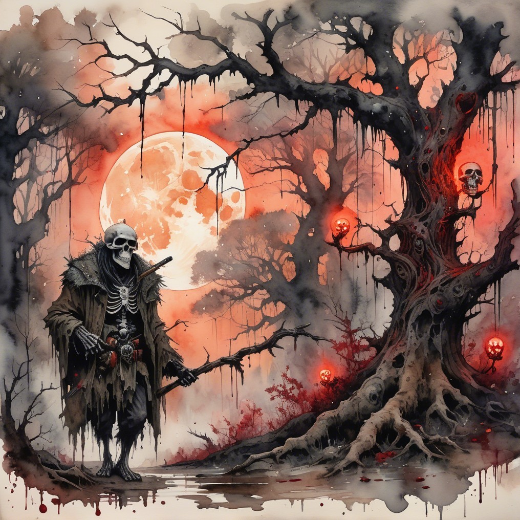 Skeletal Figure in Haunting Landscape with Eerie Elements