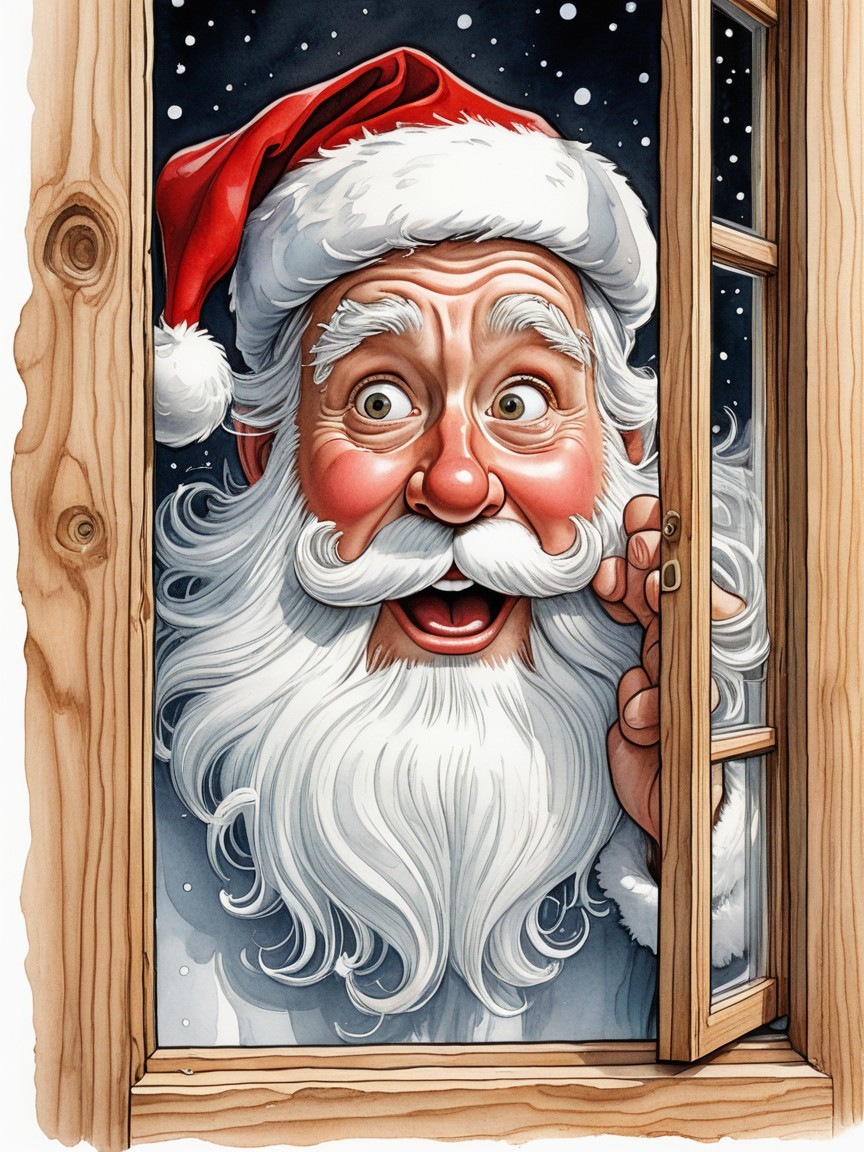 Santa Claus Peeking Through a Window in Snowfall