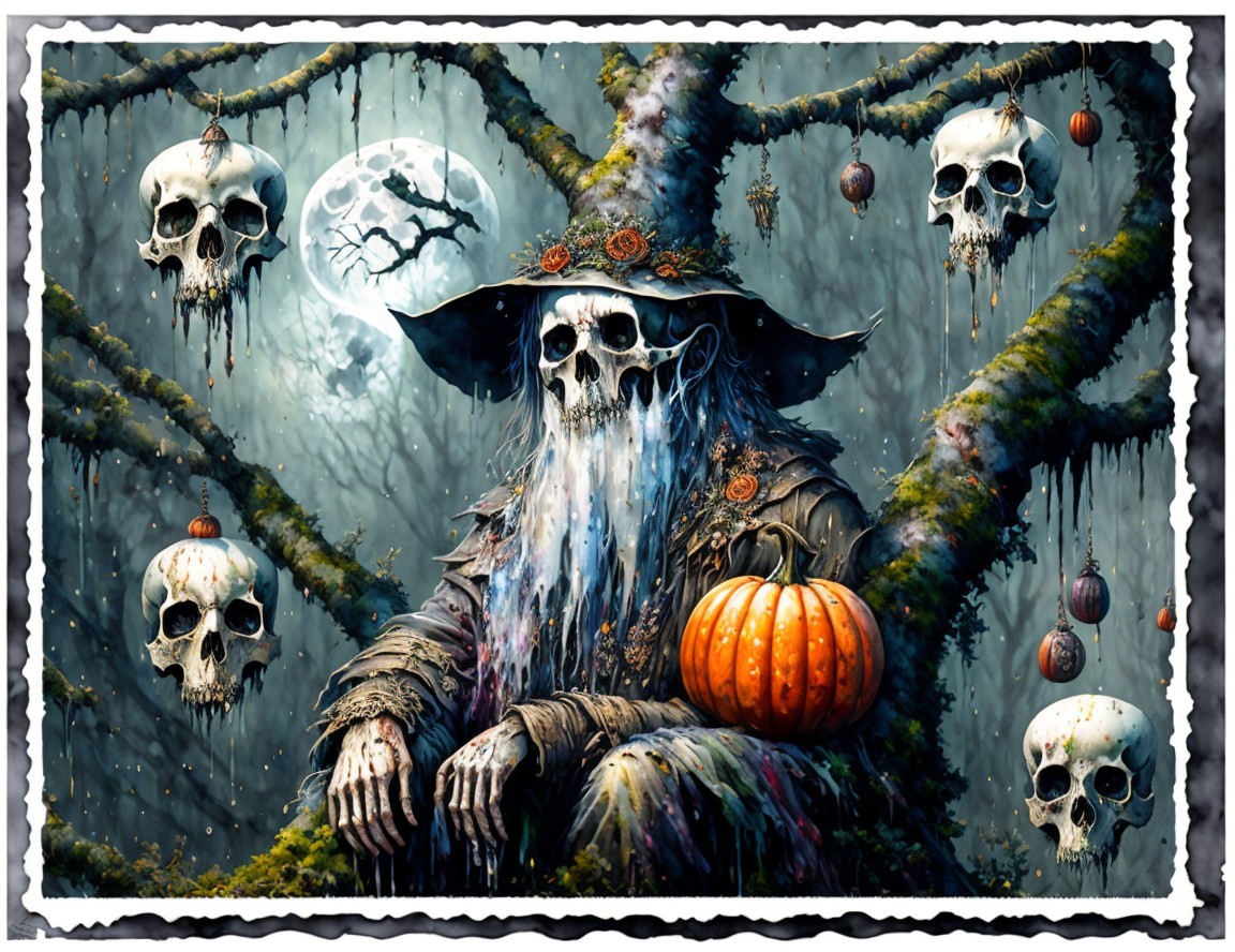 Skeletal Figure in Enchanted Forest with Moonlight