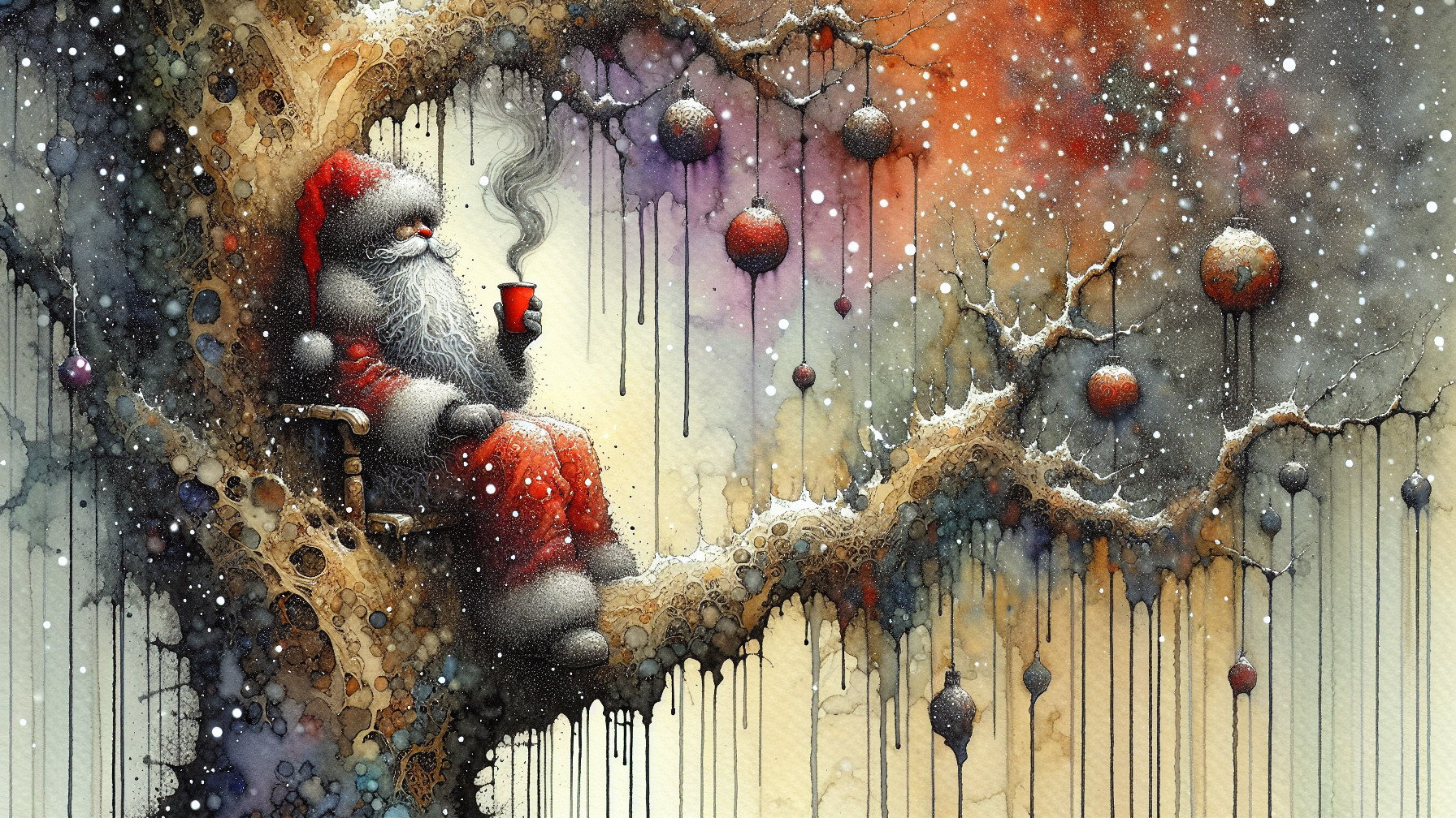 Cozy Santa Claus on a tree branch in a festive scene