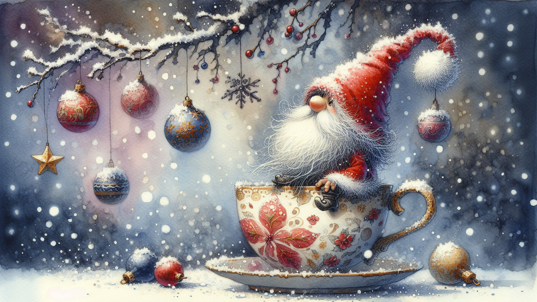 Cheerful gnome in teacup with winter decorations