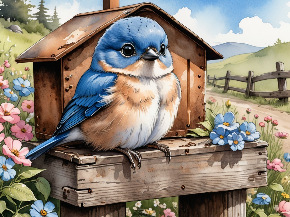 Bluebird on Rustic Birdhouse in Colorful Countryside