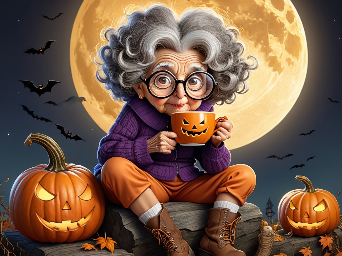 Elderly Woman with Pumpkins Under Full Moon Light