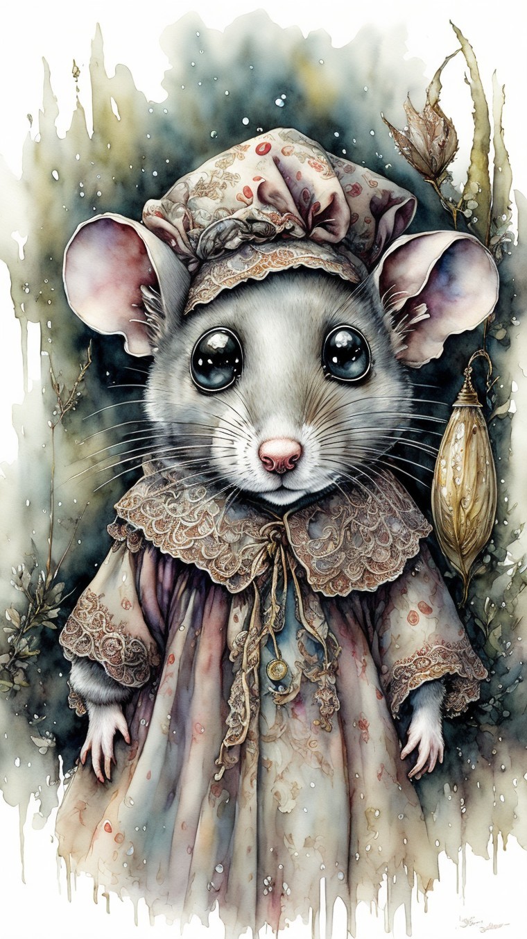 Whimsical Mouse Character in Vintage Dress and Bonnet