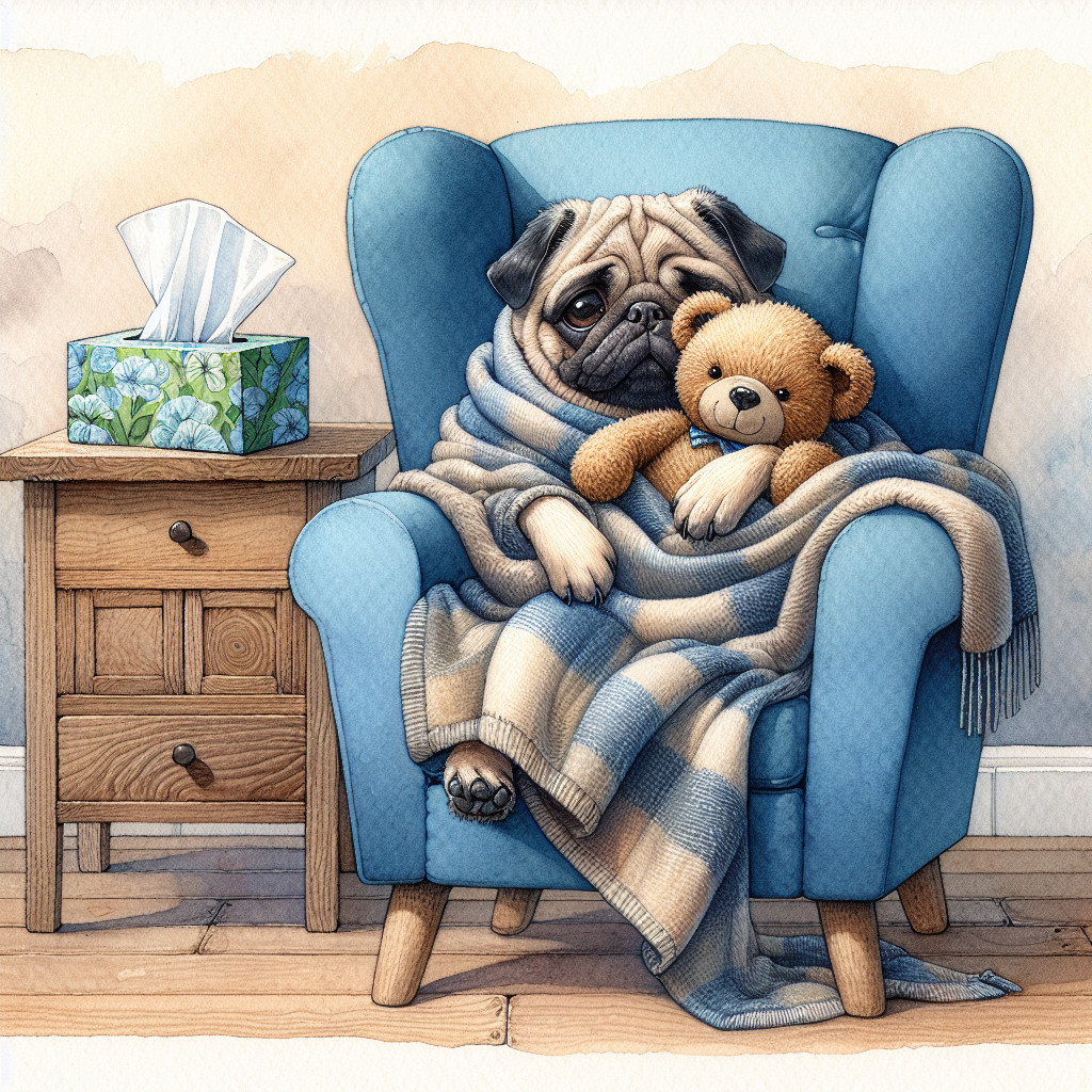 Cozy Pug in Blue Armchair with Teddy Bear and Blanket