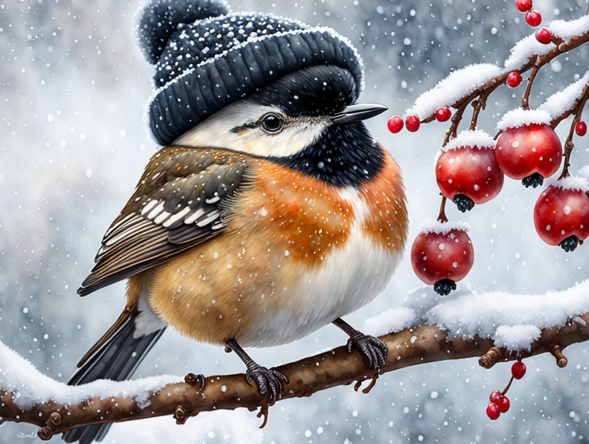 Colorful Bird in Winter Scene with Snowy Branch