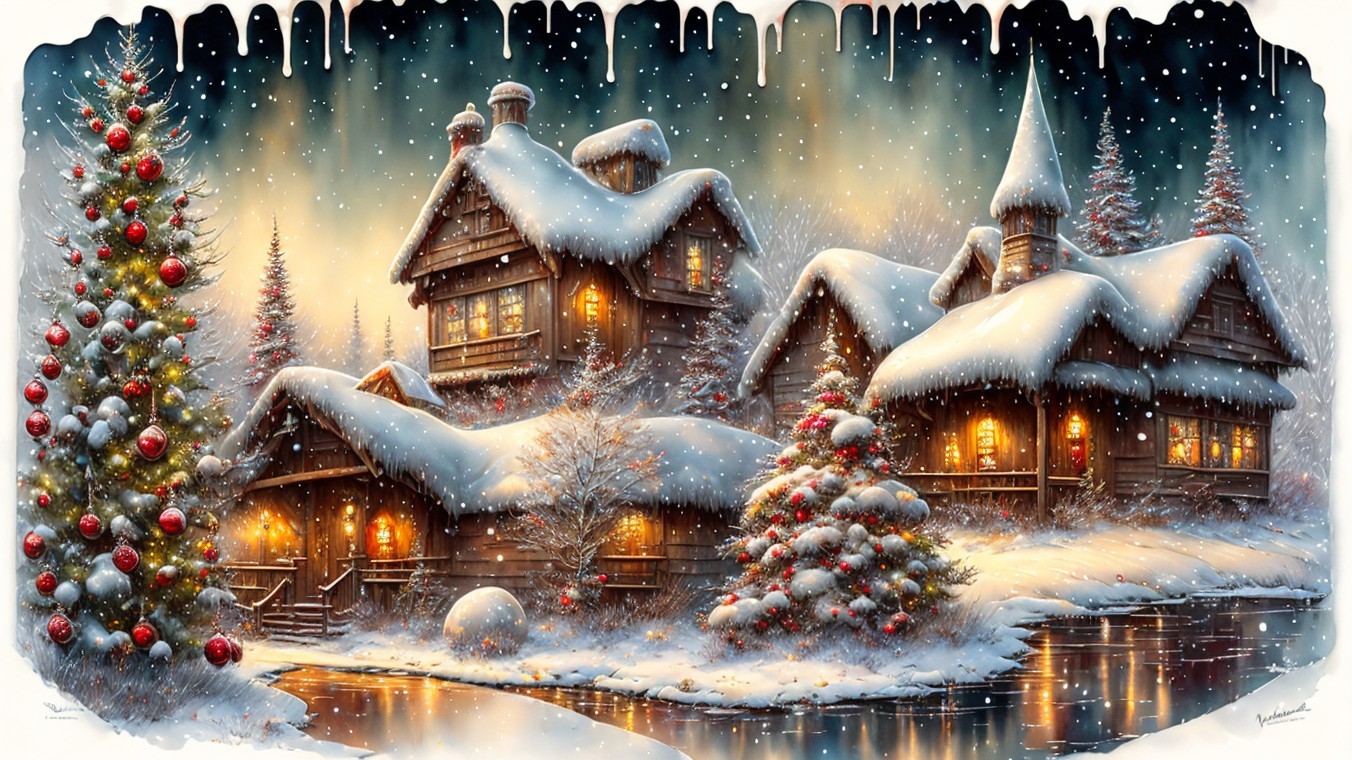 Snow-Covered Cottages in a Winter Wonderland Scene