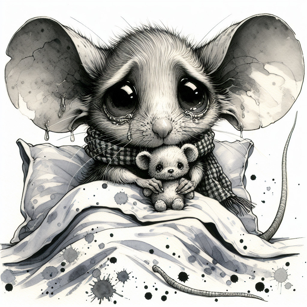 Detailed Black and White Sketch of a Sad Baby Mouse