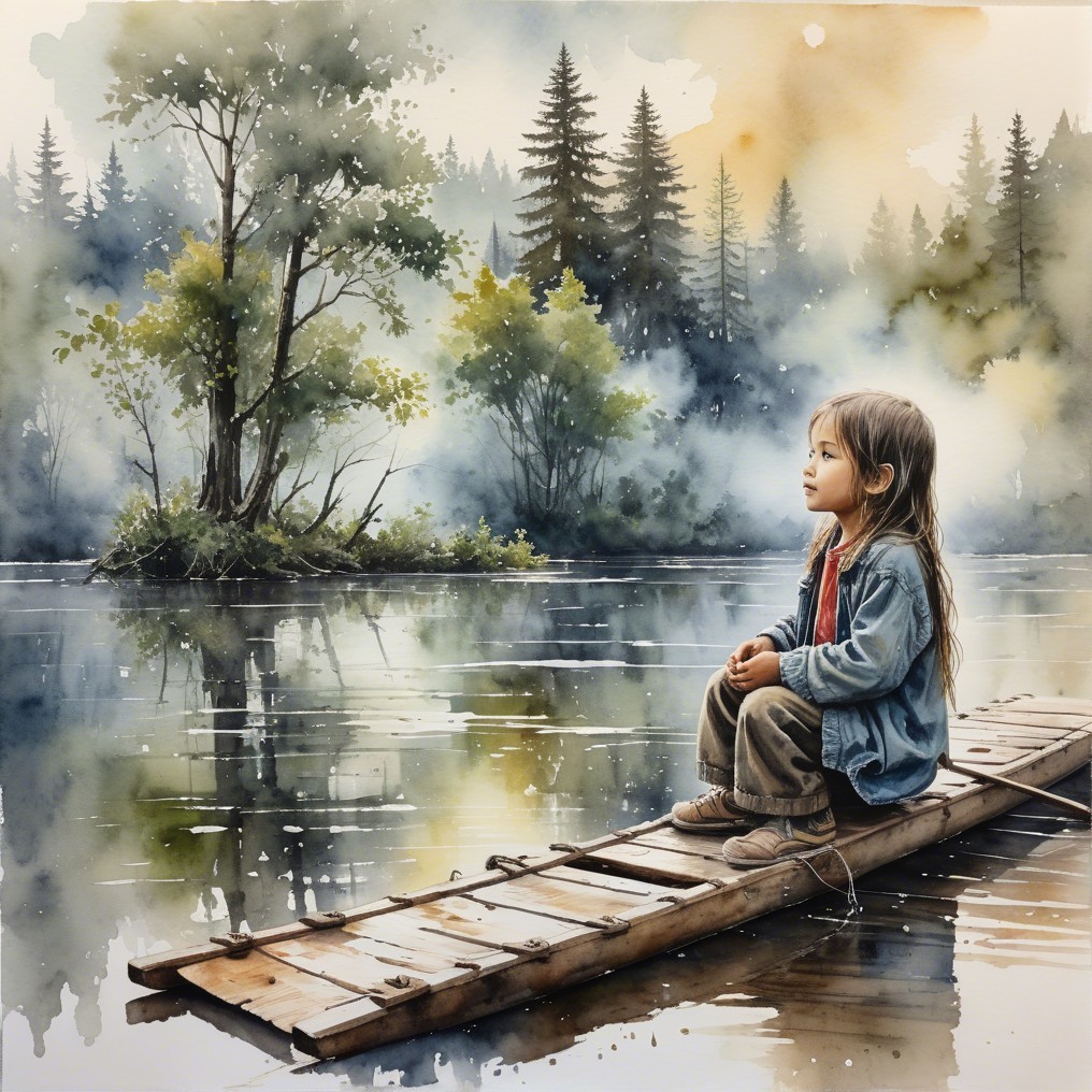 Watercolor Scene of Girl on Raft in Calm Lake