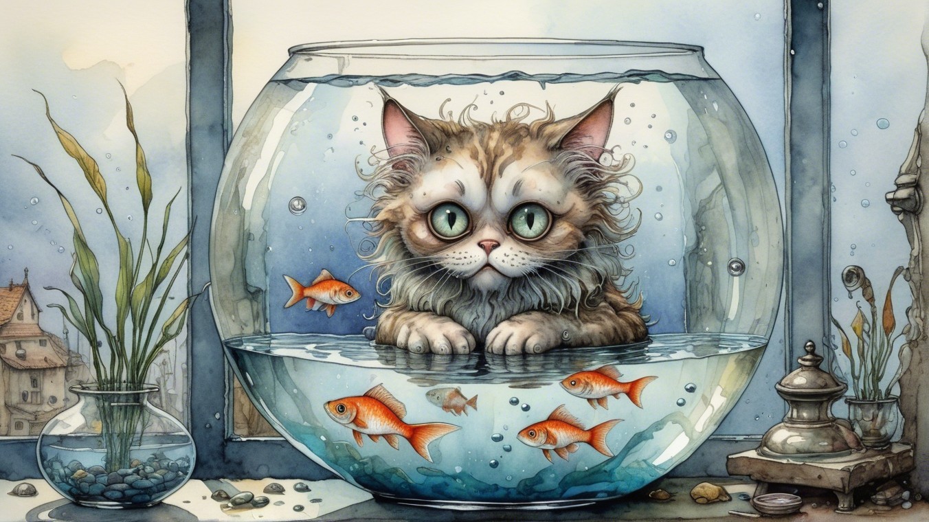 Fluffy Cat in Fishbowl Surrounded by Goldfish