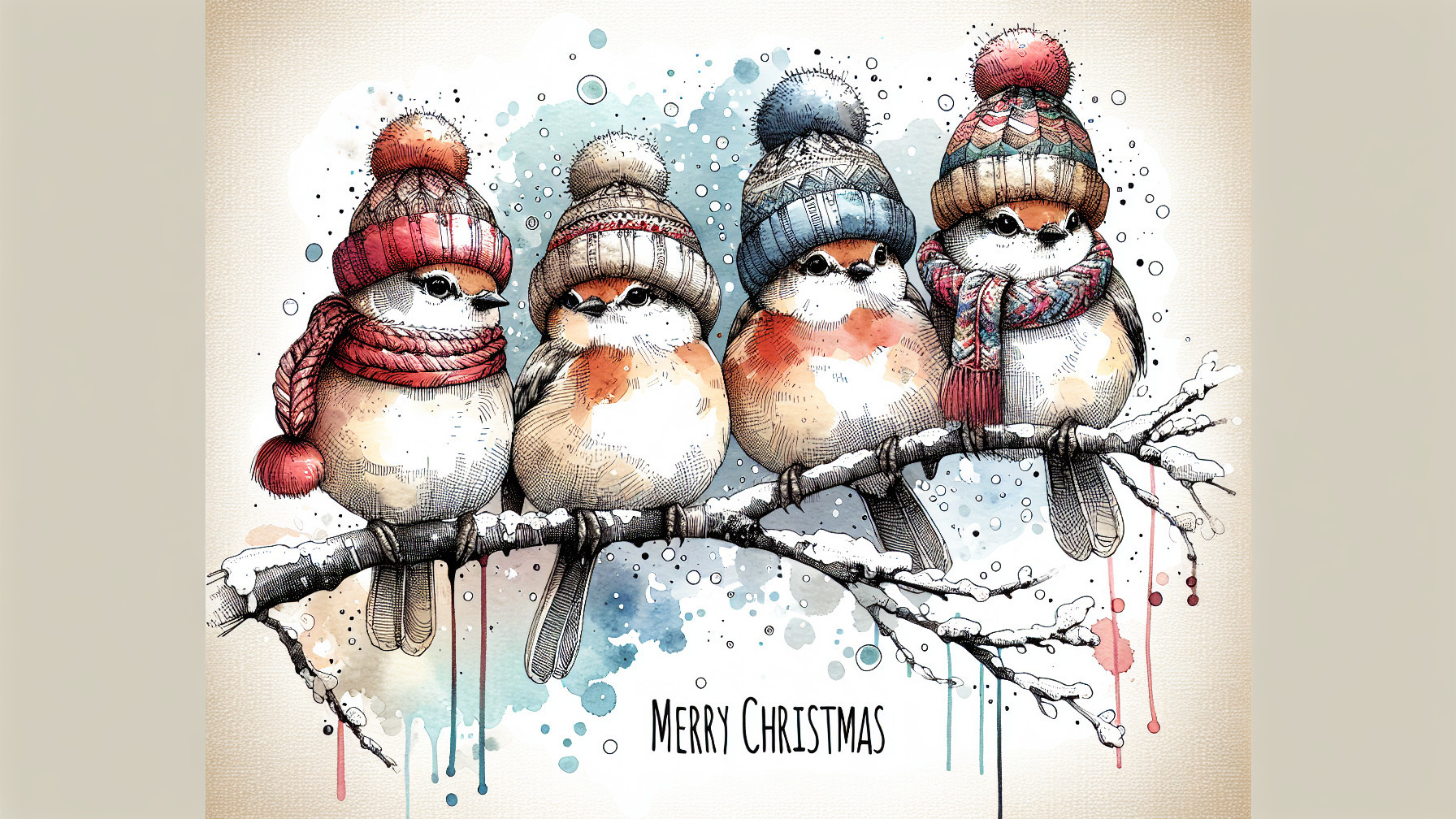 Colorful Birds in Winter Attire on Snowy Branch