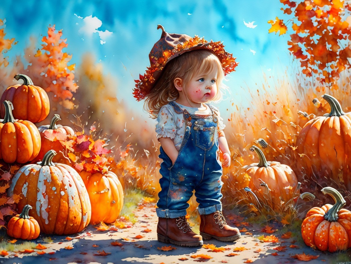 Child in Autumn Scenery with Pumpkins and Leaves