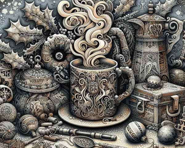 Steaming Cup Surrounded by Festive Winter Elements
