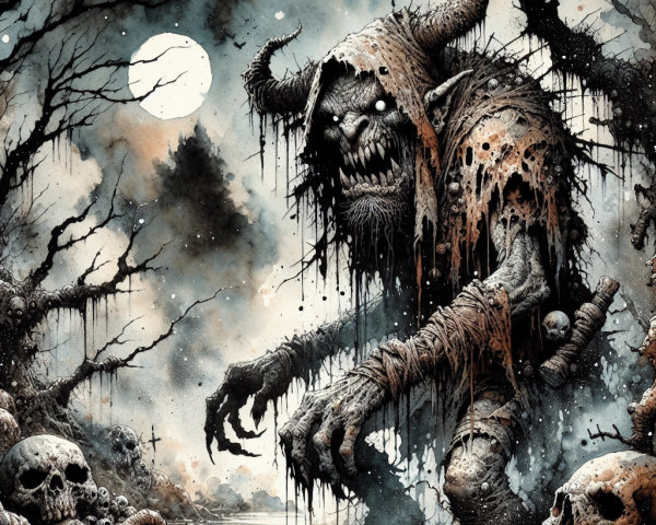 Grotesque Horned Creature in Eerie Landscape
