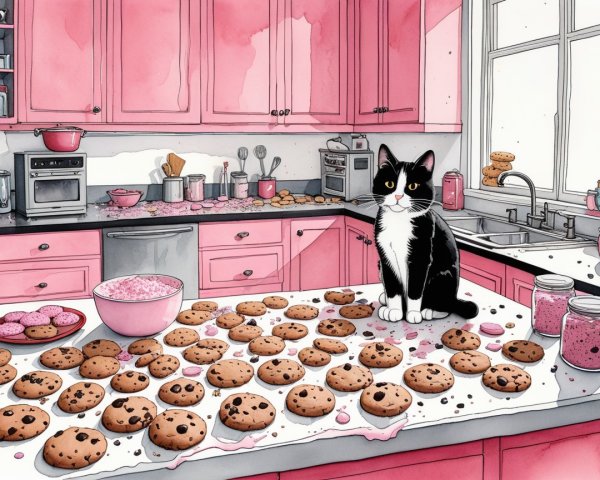 Tuxedo Cat on White Counter Among Cookies and Frosting