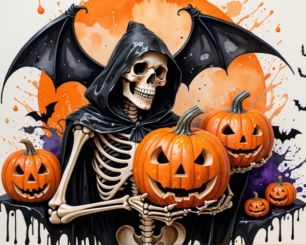 Whimsical Halloween Scene with Skeleton and Pumpkins