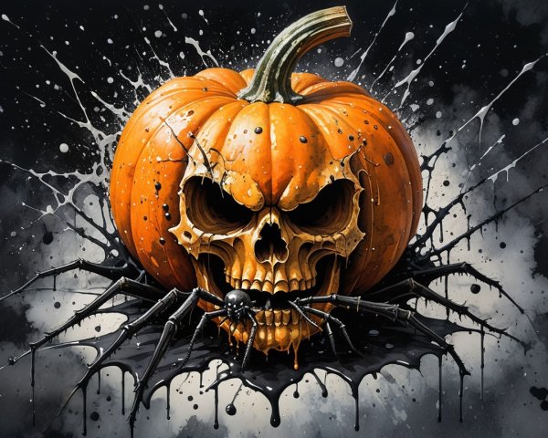Halloween Illustration of Pumpkin and Skull Design