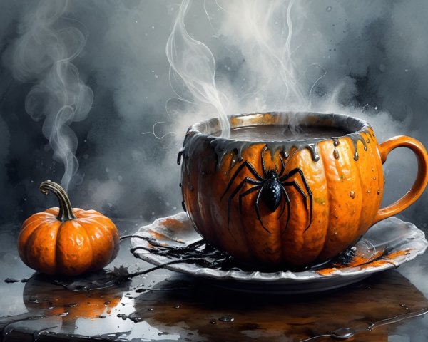 Whimsical Pumpkin Cup with Spider Design and Smoke