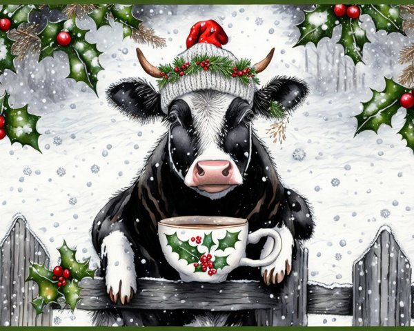 Cow in a Knitted Hat by a Wooden Fence in Snow