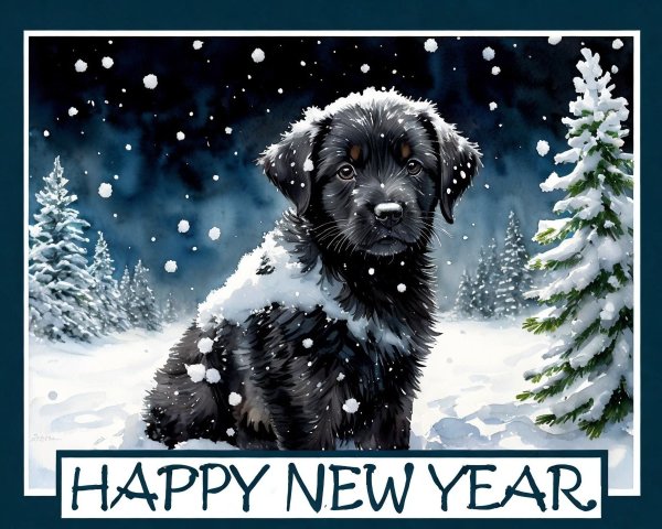 Watercolor of Black Puppy in Snowy Landscape