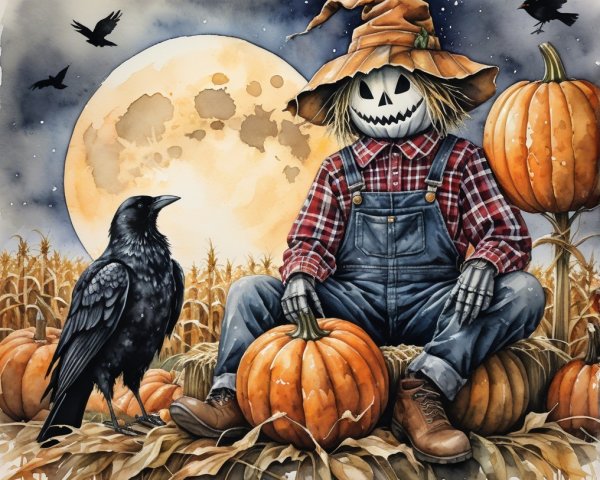 Whimsical Scarecrow in Moonlit Pumpkin Cornfield