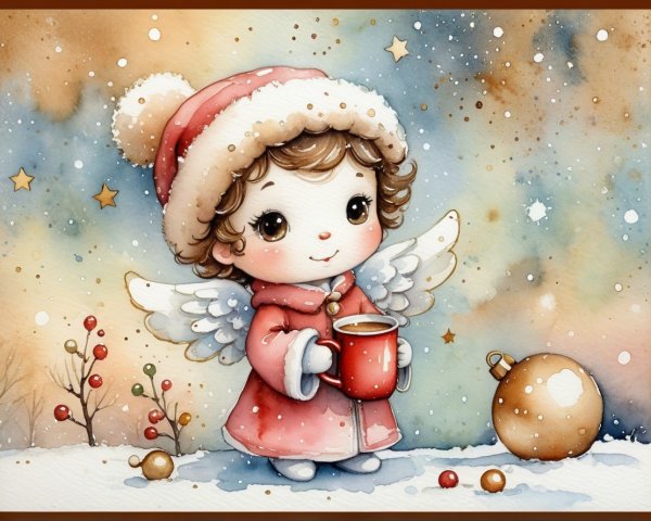 Whimsical Illustration of an Angelic Child in Snow