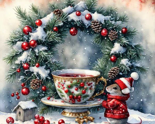 Winter Scene with Mouse in Sweater and Teacup