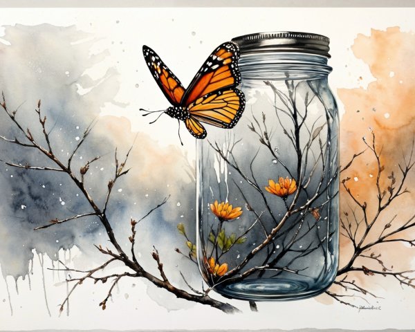 Watercolor Scene of Jar, Branches, and Butterfly