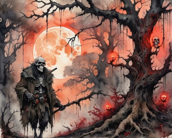 Skeletal Figure in Haunting Landscape with Eerie Elements