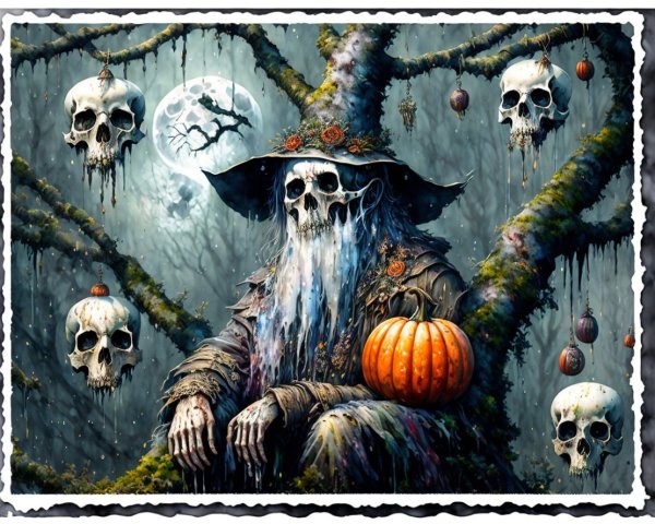 Skeletal Figure in Enchanted Forest with Moonlight