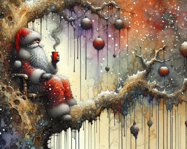 Cozy Santa Claus on a tree branch in a festive scene