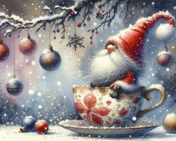 Cheerful gnome in teacup with winter decorations