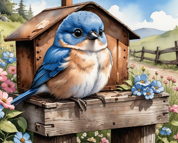 Bluebird on Rustic Birdhouse in Colorful Countryside