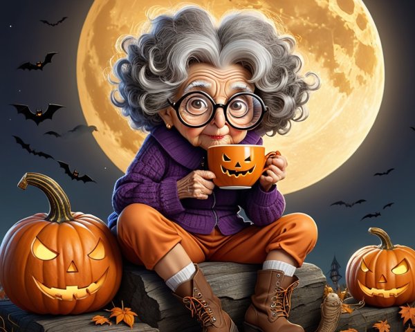 Elderly Woman with Pumpkins Under Full Moon Light