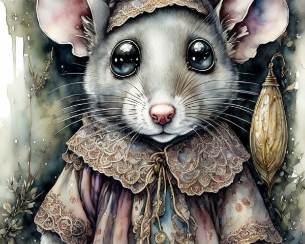 Whimsical Mouse Character in Vintage Dress and Bonnet